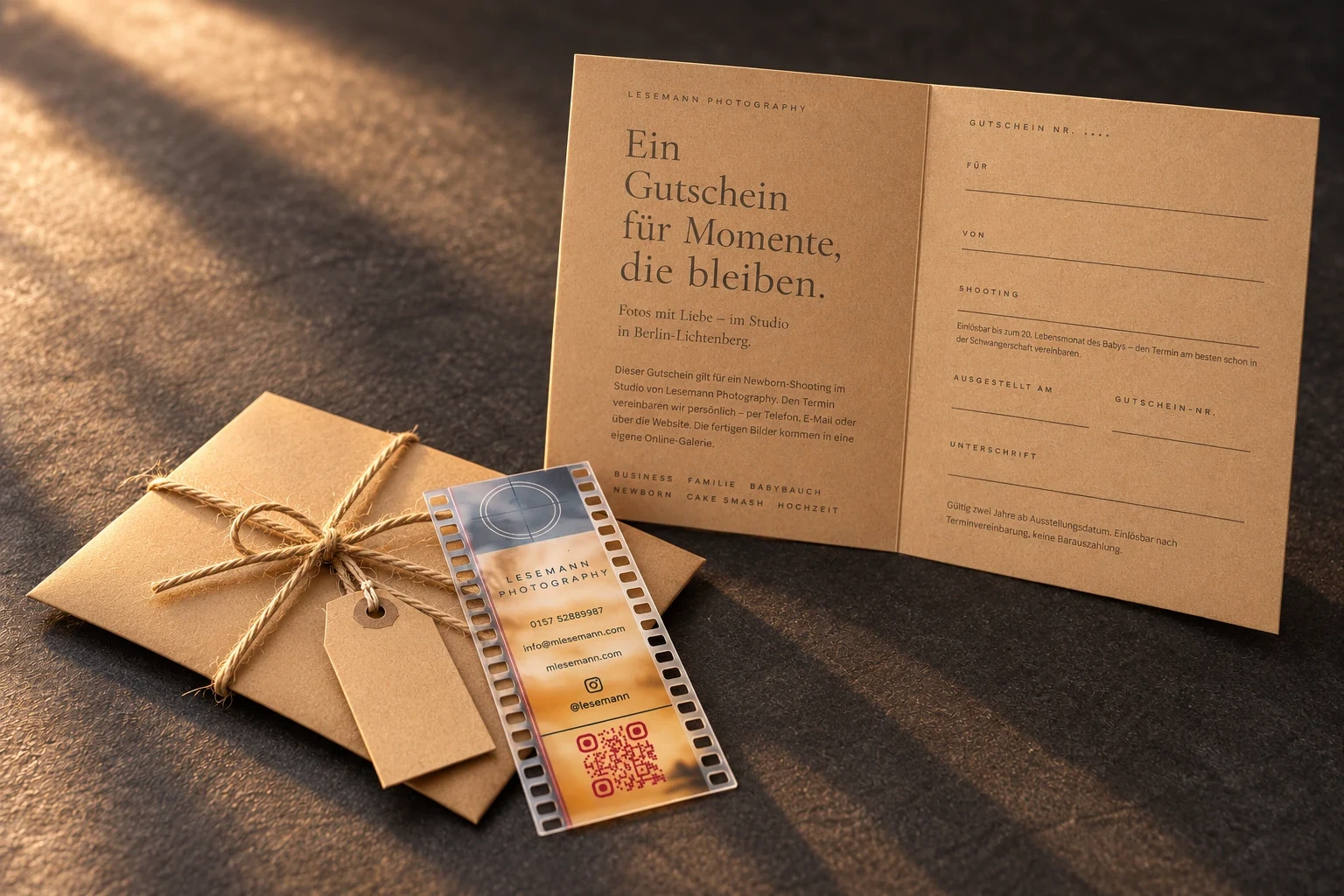 Gutschein-Klappkarte auf Kraftpapier, daneben der Umschlag mit Jutekordel und Anhänger und die Visitenkarte von Lesemann Photography