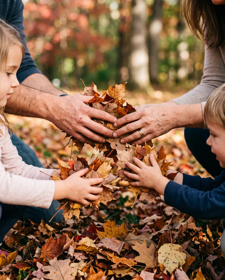 Haende einer Familie in einem Haufen Herbstblaetter