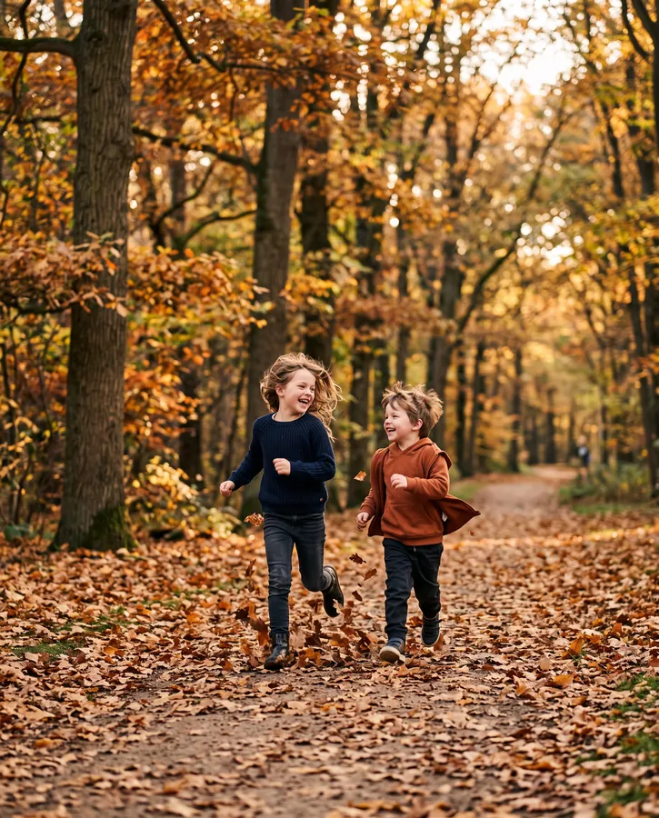 Zwei Kinder rennen durch den Herbstwald