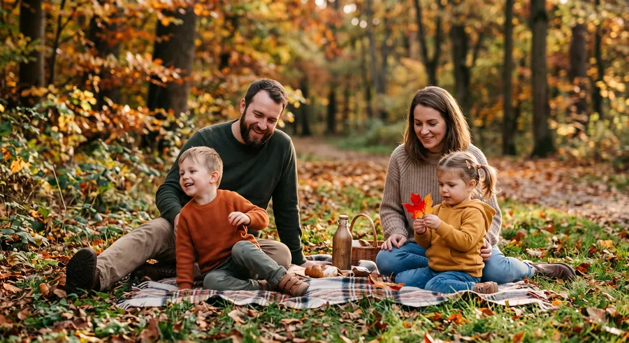 Familienpicknick auf einer Decke im Laub
