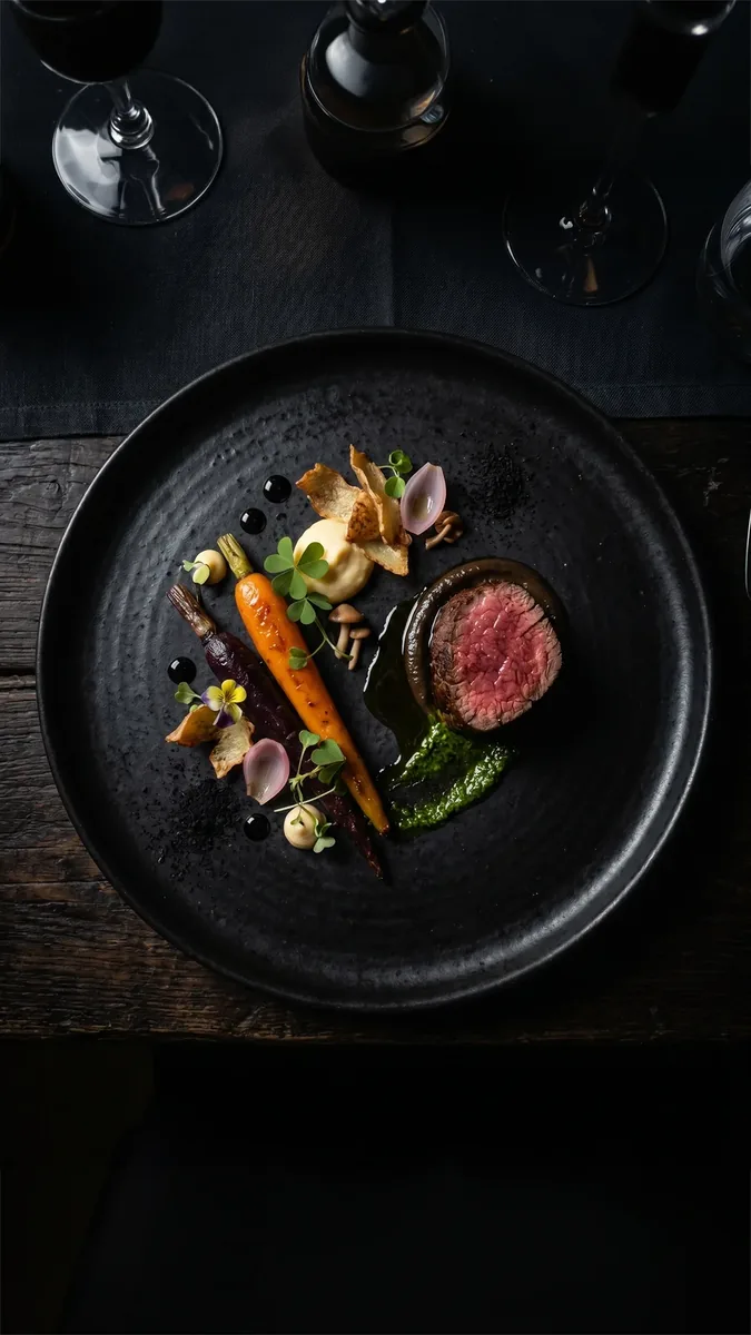 Fleischgericht mit Beilagen auf dunklem Teller – Foodfotografie