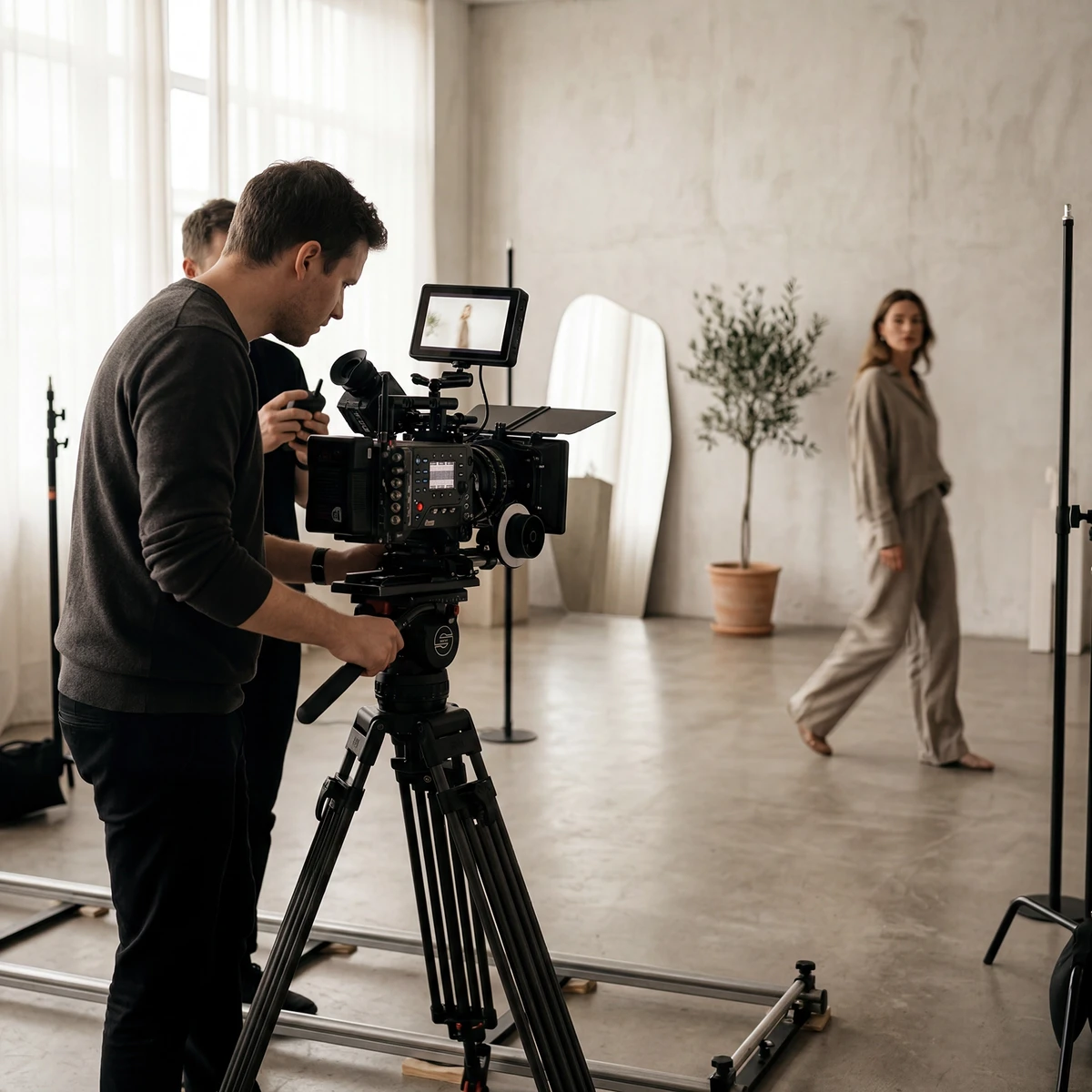 Kameramann filmt am Slider im hellen Studio, Model im Hintergrund - Videoproduktion Berlin