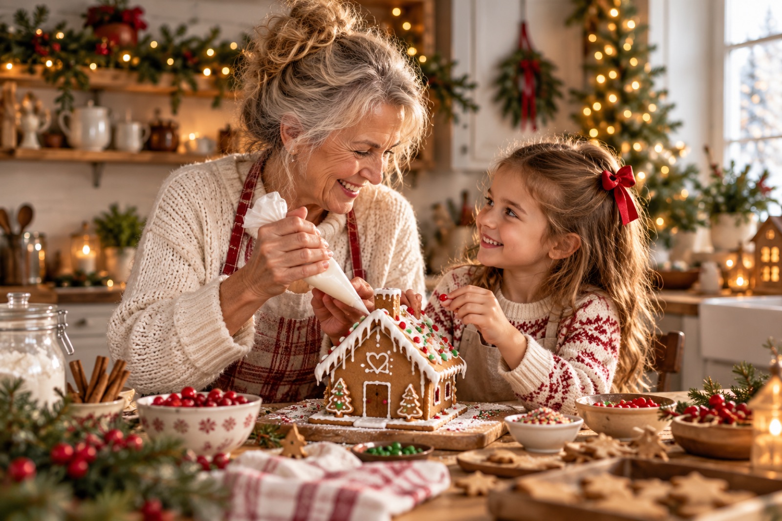 Grandma and granddaughter with gingerbread house – Christmas photoshoot Berlin