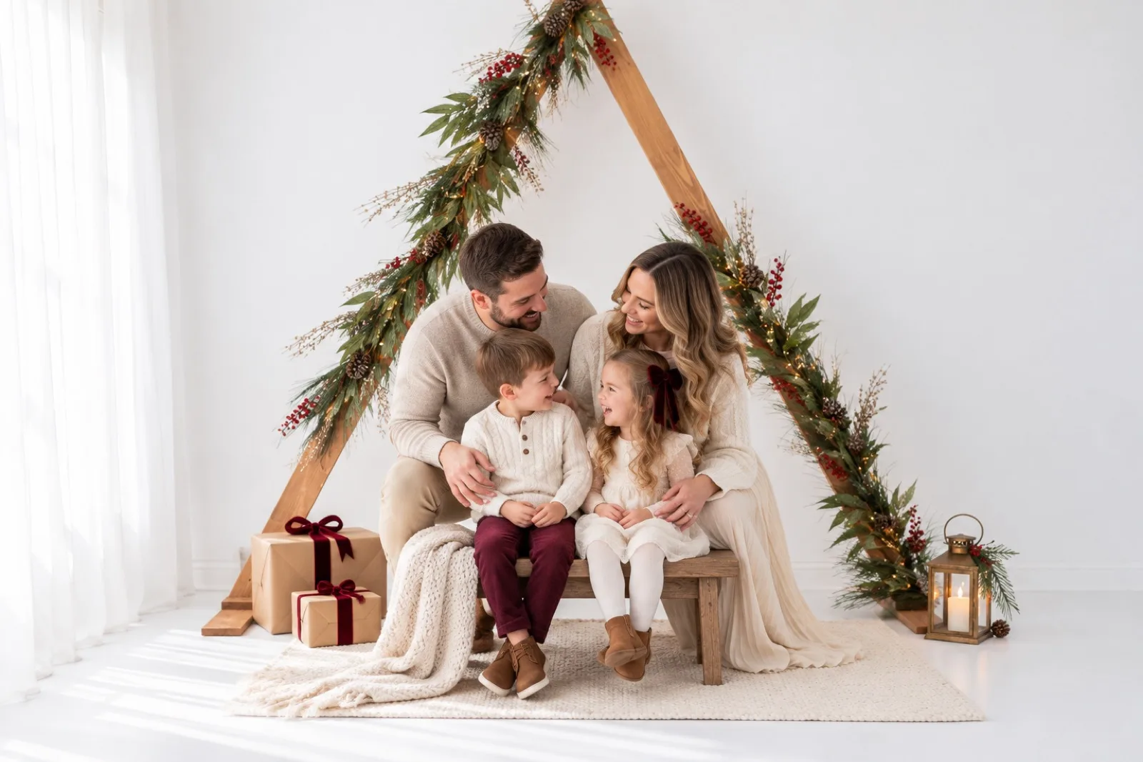 Eltern mit Sohn und Tochter unter einem Holzzelt mit Tannengirlande im weihnachtlich dekorierten Fotostudio