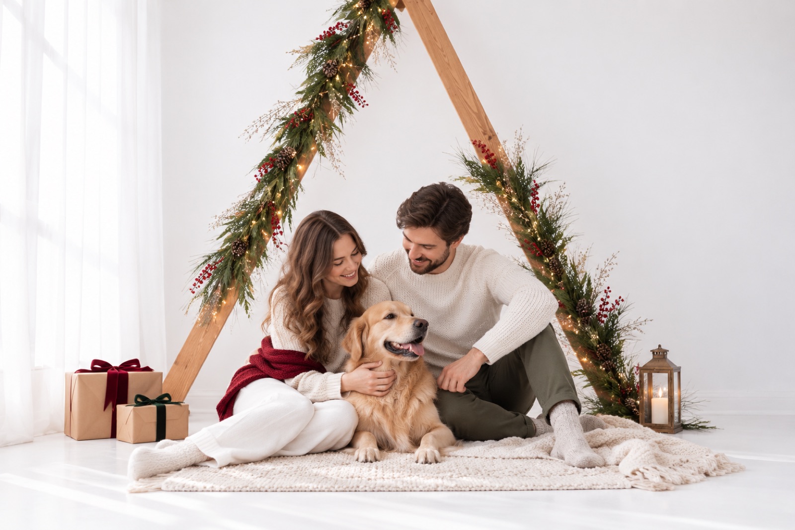 Couple with dog in the Scandi set – Christmas photoshoot Berlin